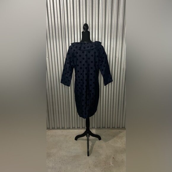 Women’s Devon Baer Navy Blue Polka Dot Silk Ruffle Long Sleeve Midi Dress Large - Picture 2 of 7